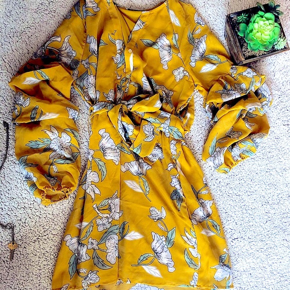 Dex Floral Shirt Dress w/ Bouffant Sleeves & Belt - Picture 2 of 6